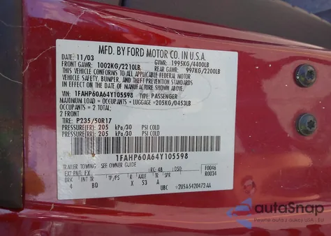 2004 Ford Thunderbird z USA, uszkodzony, nr VIN 1FAHP60A64Y105598